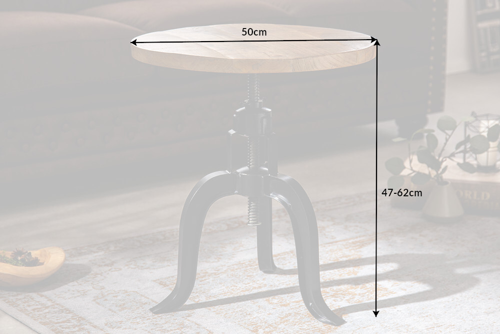 Höhenverstellbarer Beistelltisch ENGINEER 50cm Mangoholz Industrial Design massiv rund Eisen
