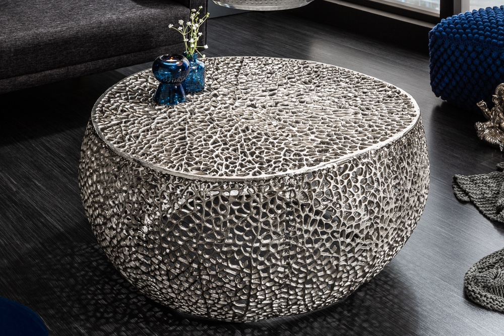 Filigraner Design Couchtisch ABSTRACT LEAF 80cm silber Handarbeit