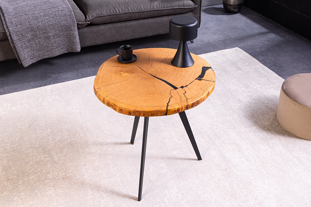 Runder Couchtisch ARBOR 55cm natur Eiche Massivholz schwarz Metall Beistelltisch