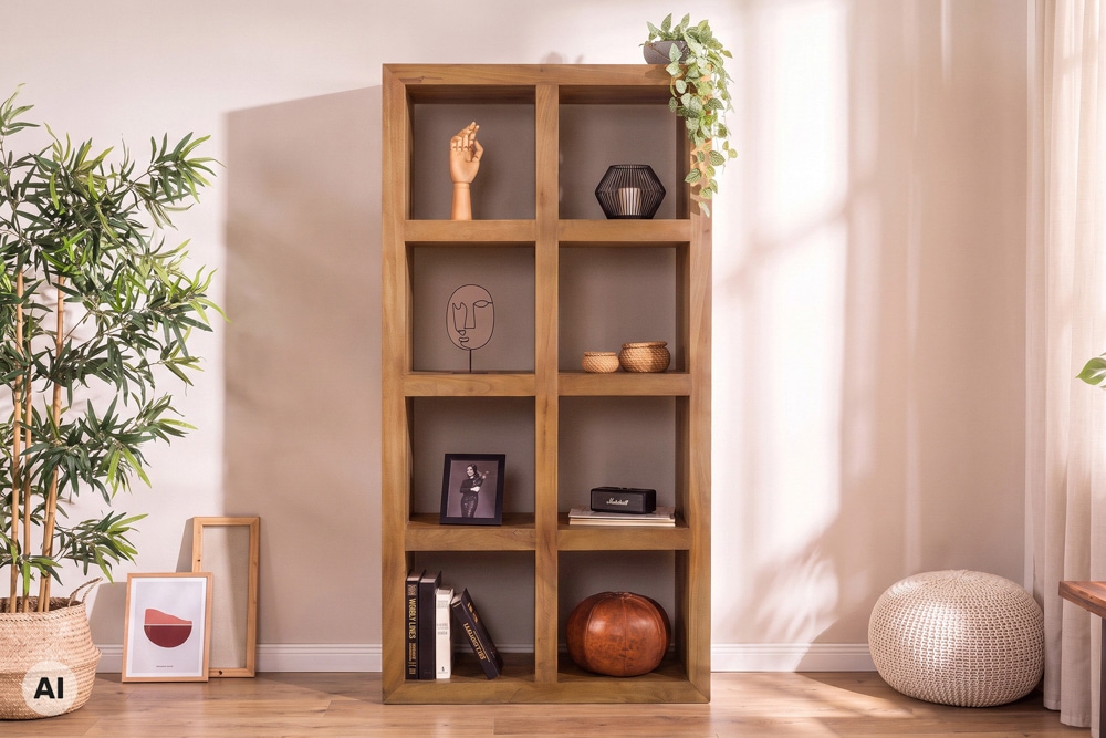 Massives Regal MAKASSAR 180cm braun honey finish Mangoholz 8 Fächer handmade