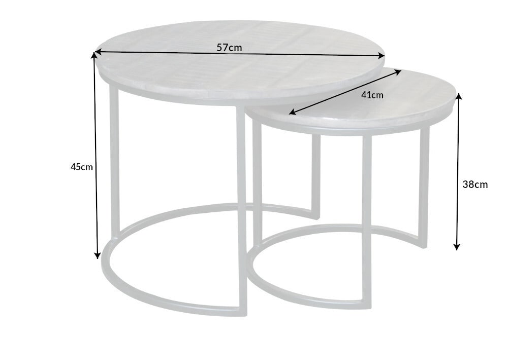 Industrial 2er Set Beistelltische ELEMENTS 60cm grau Mangoholz massiv rund schwarz Metall