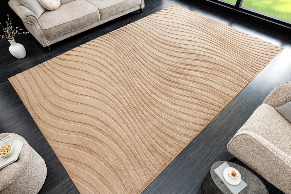 3D strukturierter Kurzflor XXL Teppich WAVE 350x230cm beige Hoch-Tief-Effekt