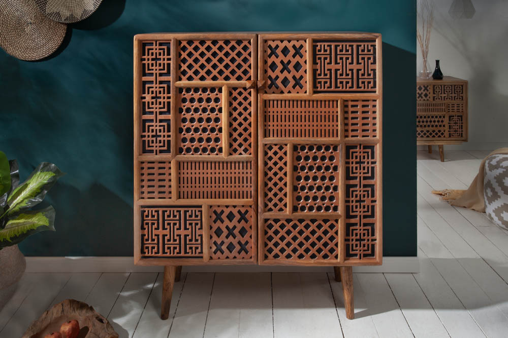 Massives Highboard MARRAKESCH 120cm Mangoholz mit Verzierung Boho Stil