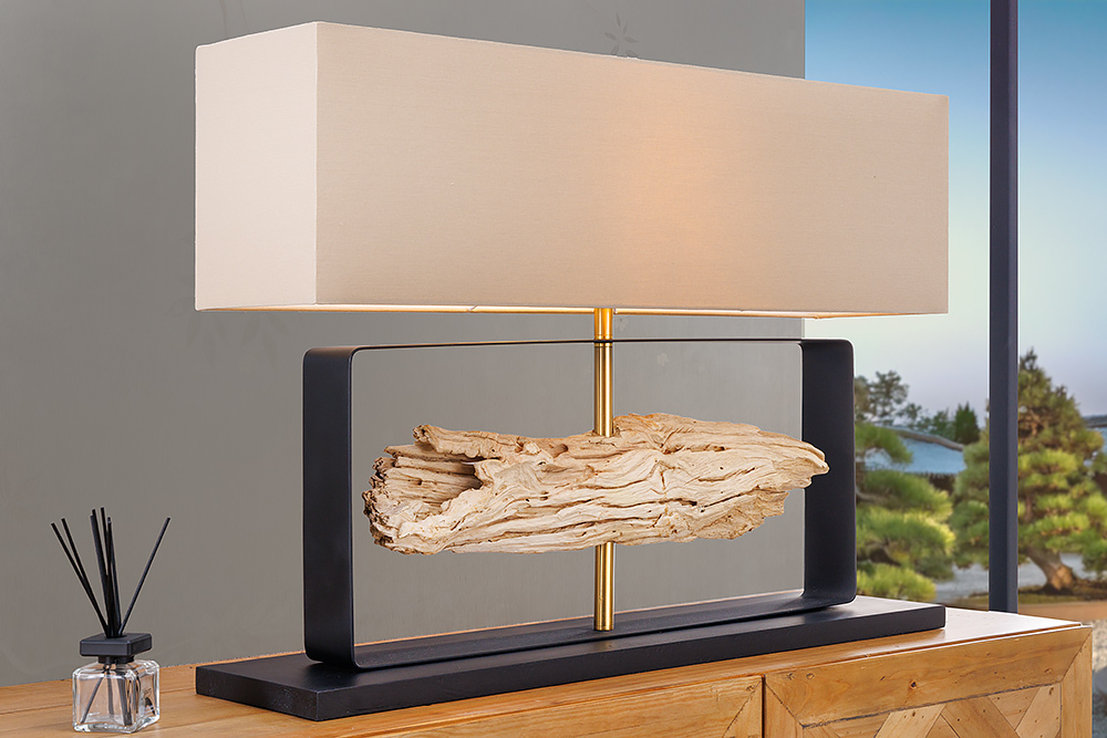 Handgefertigte Tischlampe ROUSILIQUE 80cm natur Eisenholz beige mit Lampenschirm » Jetzt kaufen