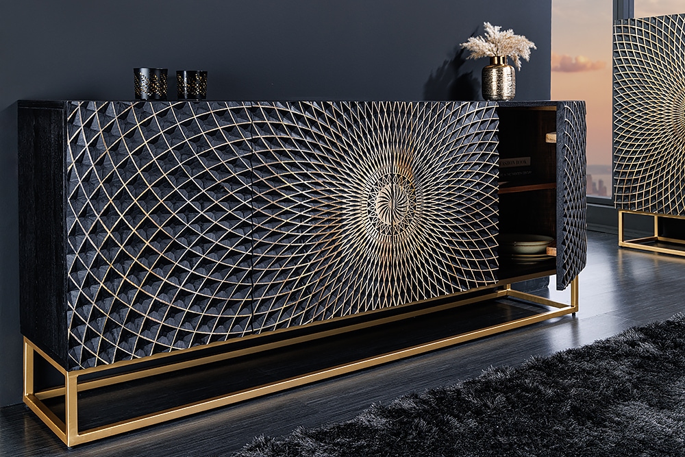 Design Sideboard ILLUSION 180cm schwarz Mangoholz Massivholz mit 3D Schnitzereien gold Eisen Metallgestell