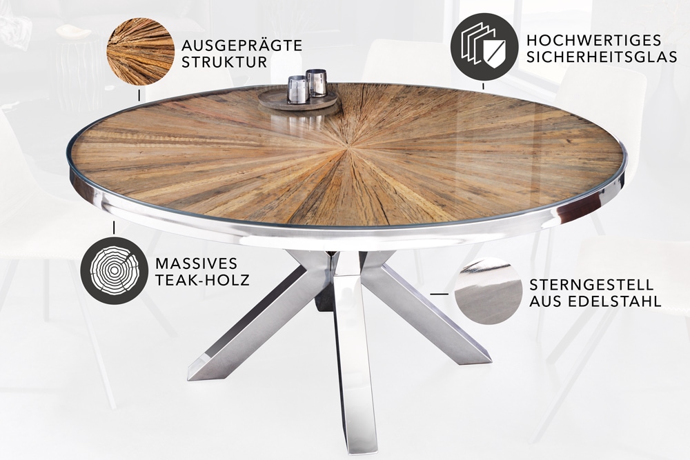 Runder Esstisch BARRACUDA 120cm braun Teak Massivholz Glasplatte silber Edelstahl verchromt