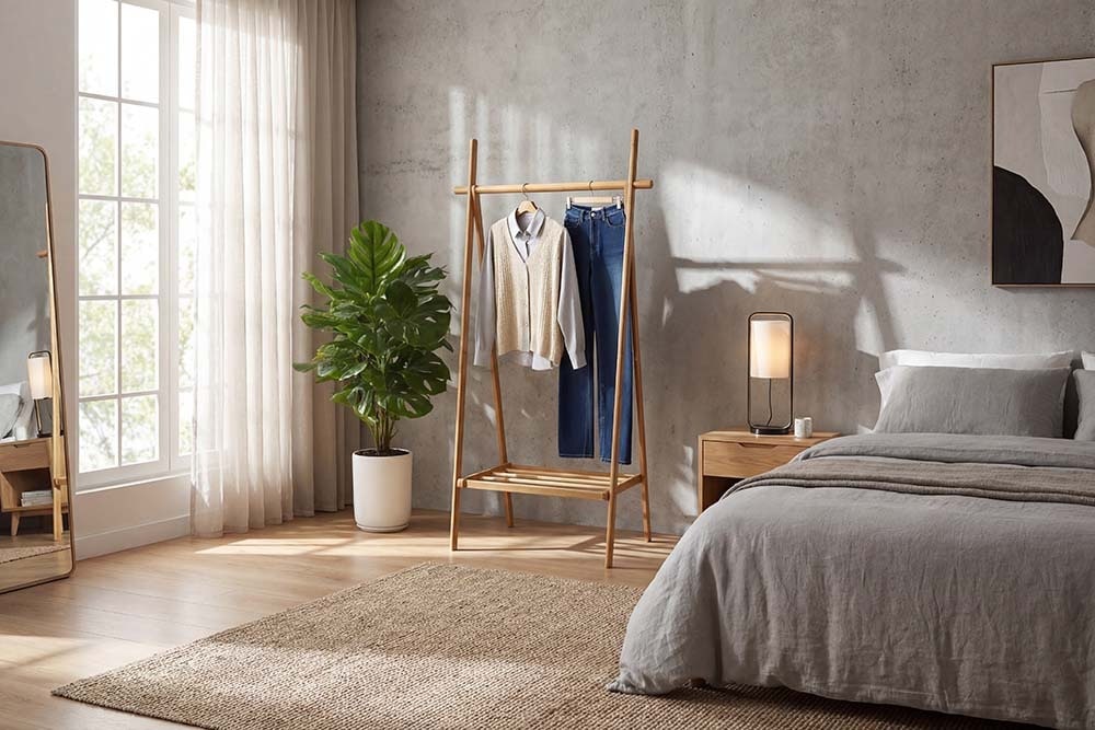 Massivholz Garderobe ZEN-BO 160cm natur Bambus Kleiderstange mit Ablage