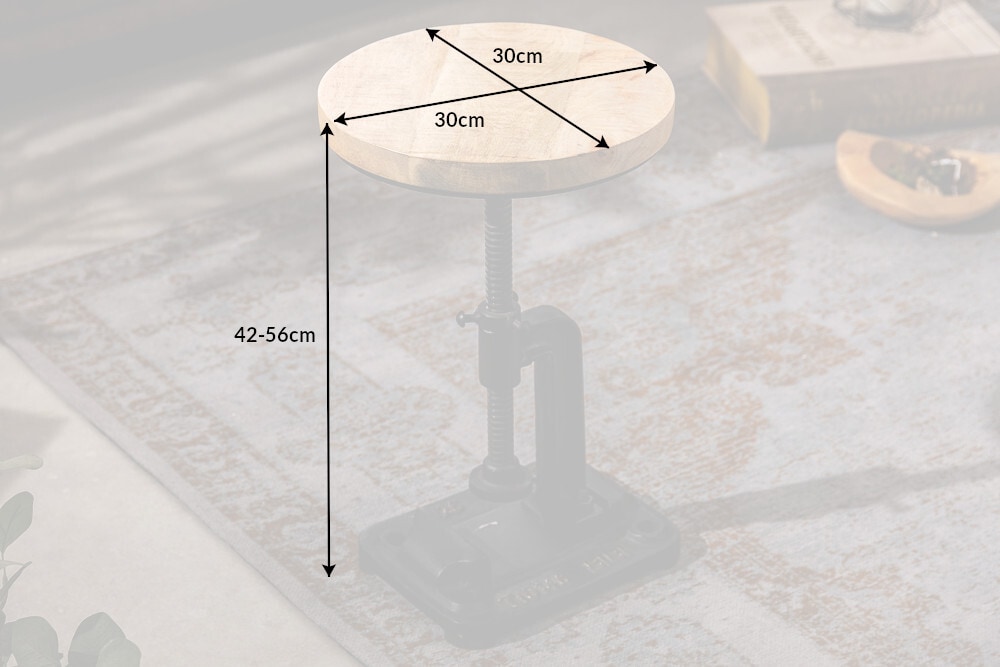Höhenverstellbarer Beistelltisch ENGINEER 30cm Mangoholz Industrial Design massiv rund Eisen