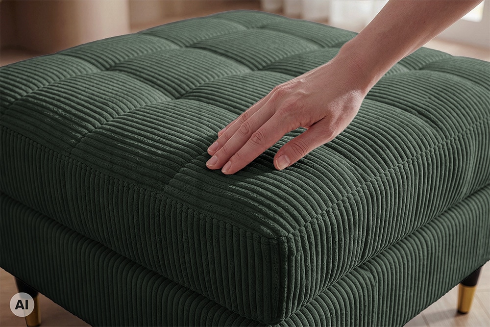 Design Hocker COZY VELVET 80cm grün Cord schwarz mit goldener Metallkappe