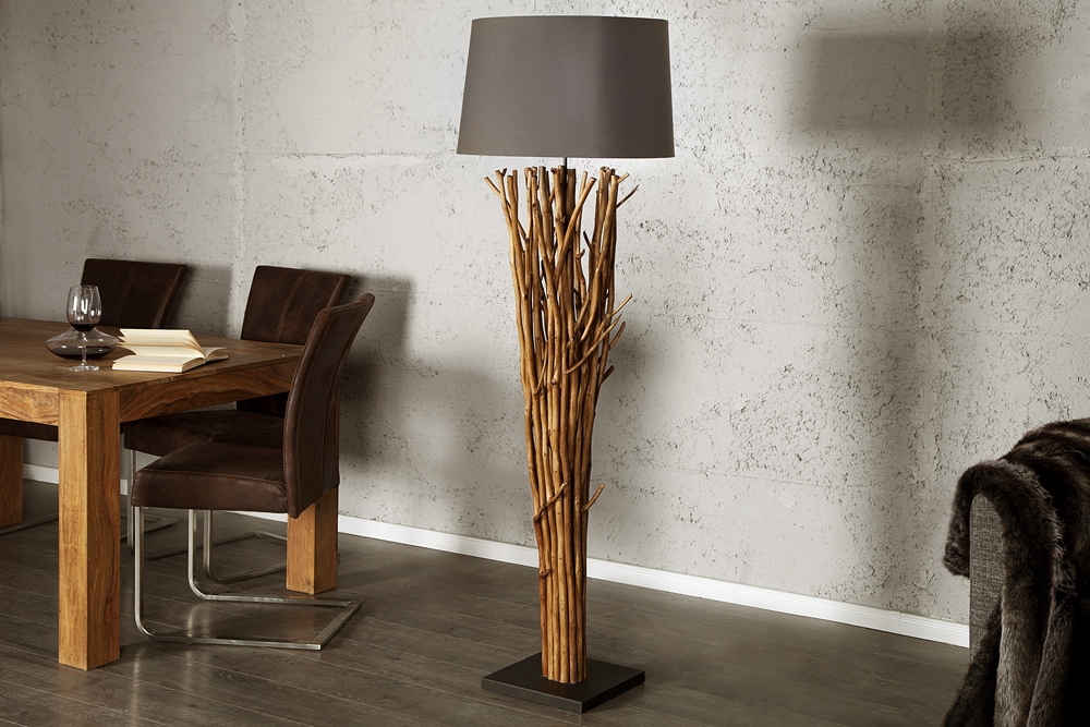Design Treibholz Stehlampe EUPHORIA 180cm grau mit Leinenschirm