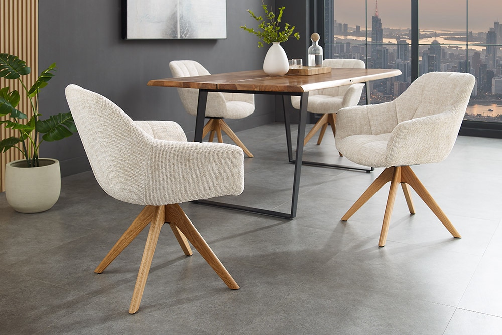 Drehbarer Stuhl PAPILLON champagner beige Chenille Cremona Eiche Massivholz