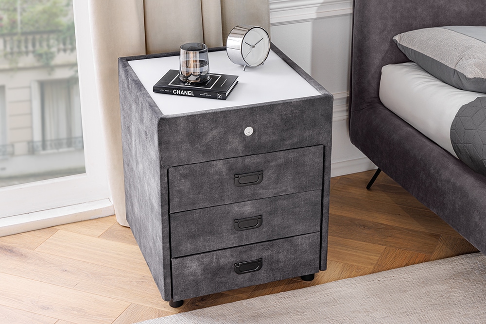Quadratischer Nachttisch PARIS 55cm grau Samt inkl. Beleuchtung und Schubladen