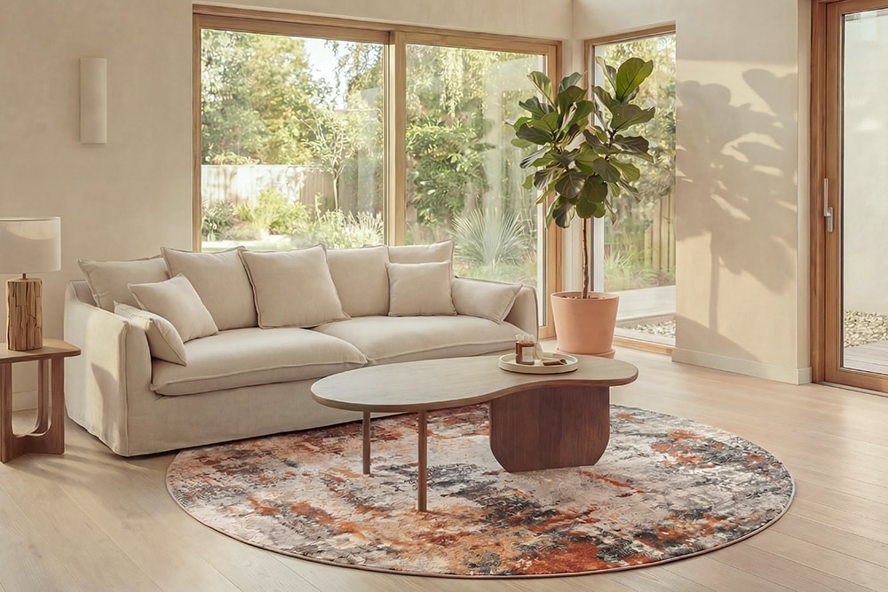 Runder Design Teppich MODERN ART 230cm beige grau kupfer Kurzflor Indoor