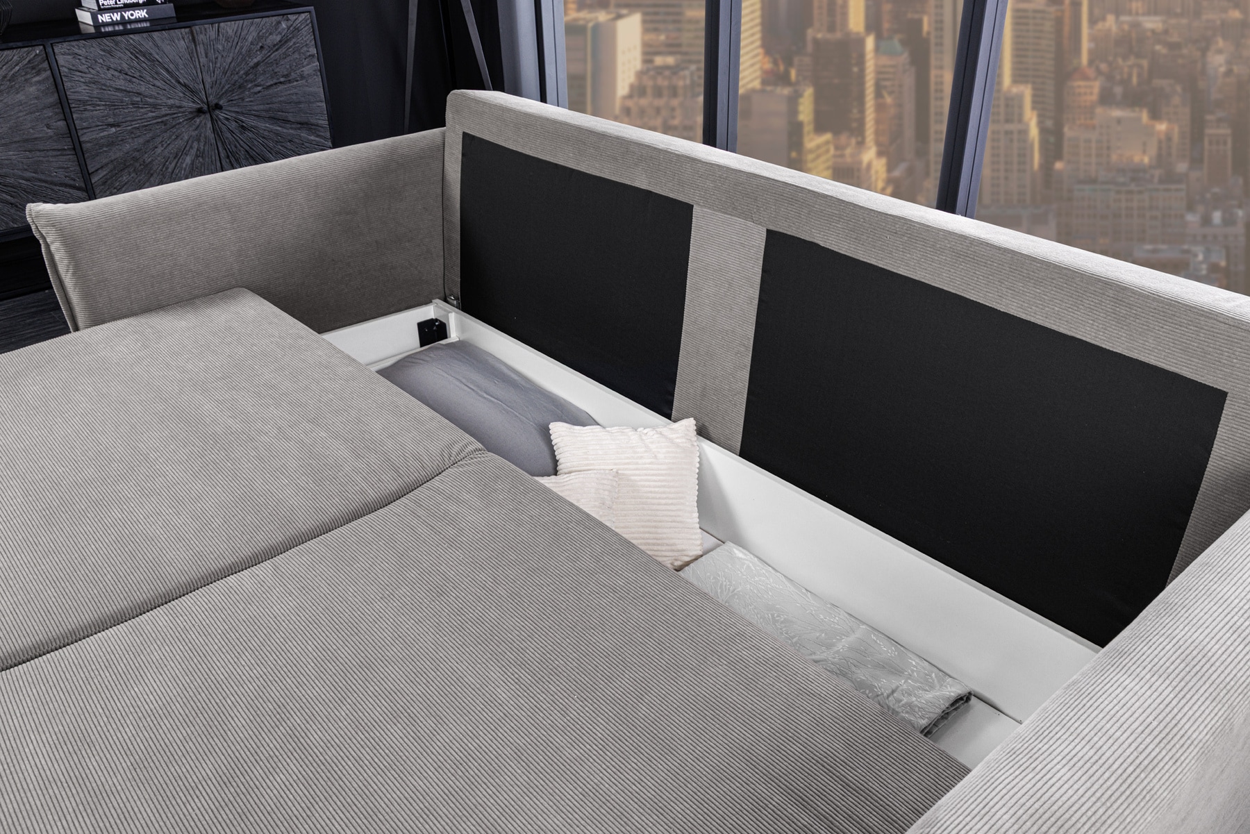 XXL Sofa mit Schlaffunktion APARTMENT grau Cord inkl. Bettkasten und Kissen