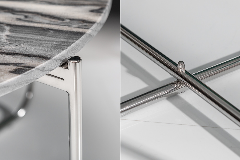 Runder Couchtisch NOBLE 65cm grau Marmor abnehmbare Tischplatte klappbar silber Metall