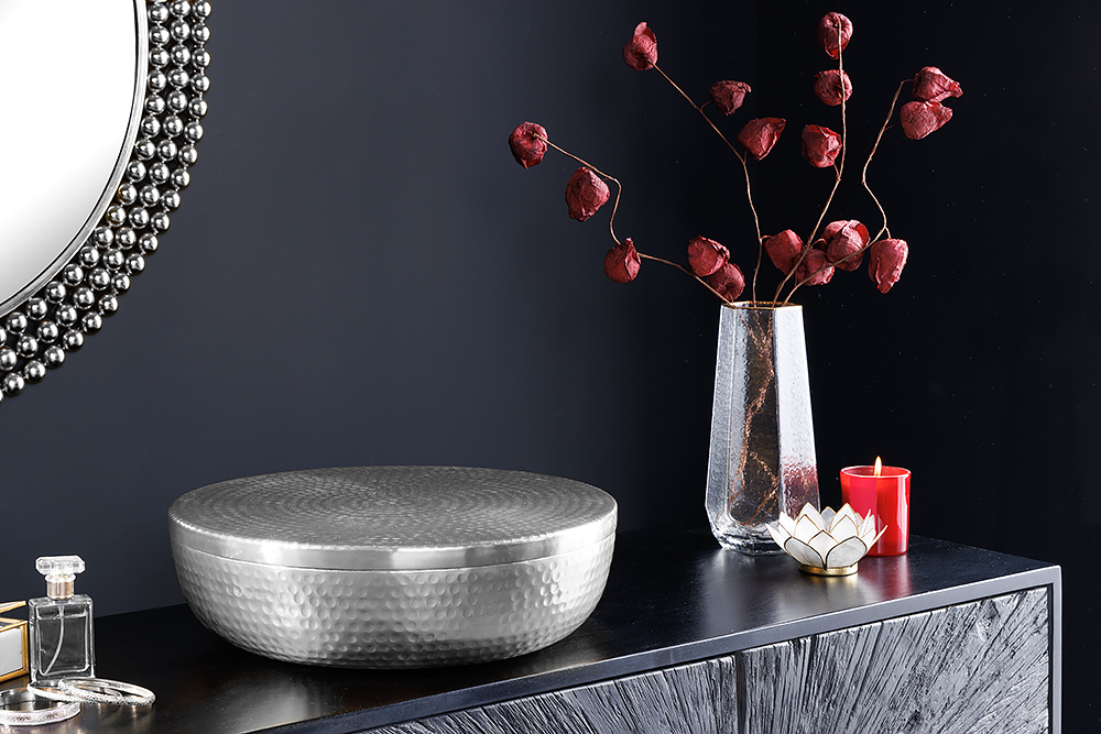 Handgefertigte Schale ORIENT 40cm silber Metall rund mit Deckel Schmuck-Dose
