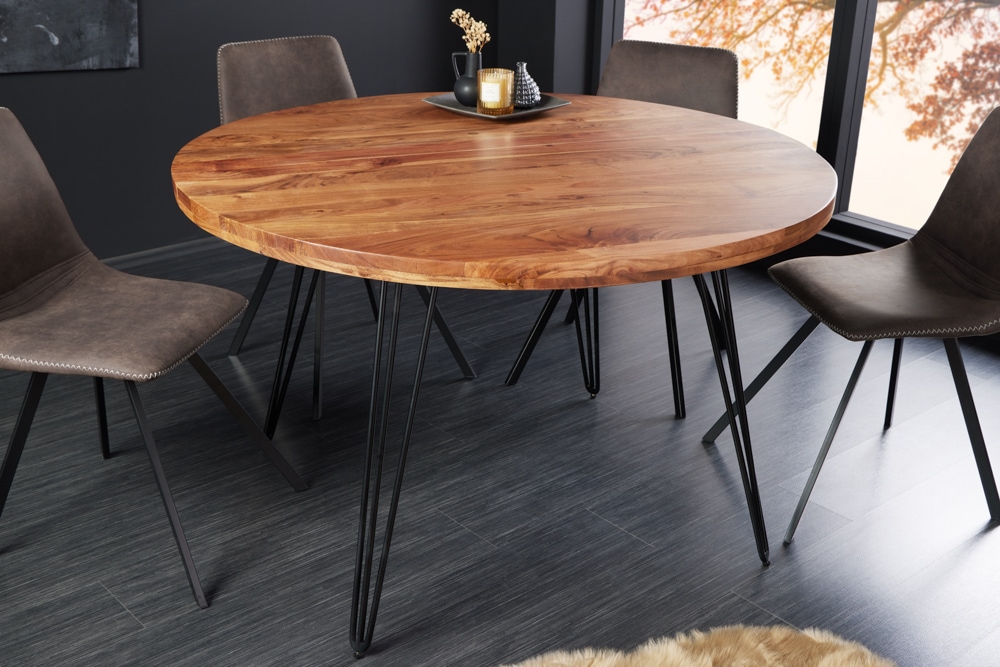 Runder Esstisch SCORPION 120cm Akazie natur Massivholz Hairpin Legs Retro Design