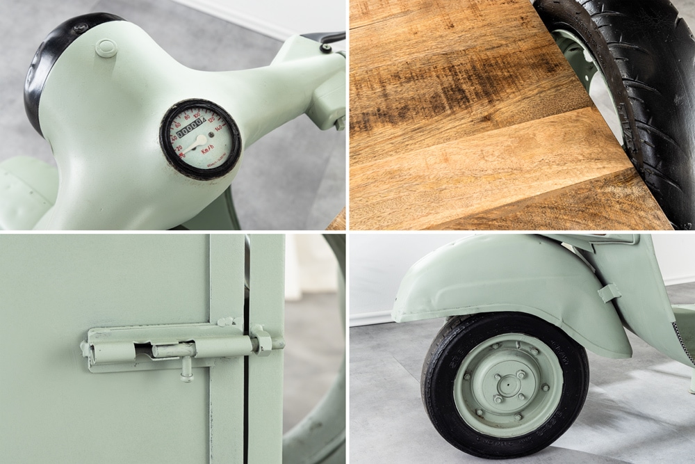 Extravaganter Barschrank SCOOTER 250cm salbei Retro-Konsole Motorroller mit Mangoholz Upcycling