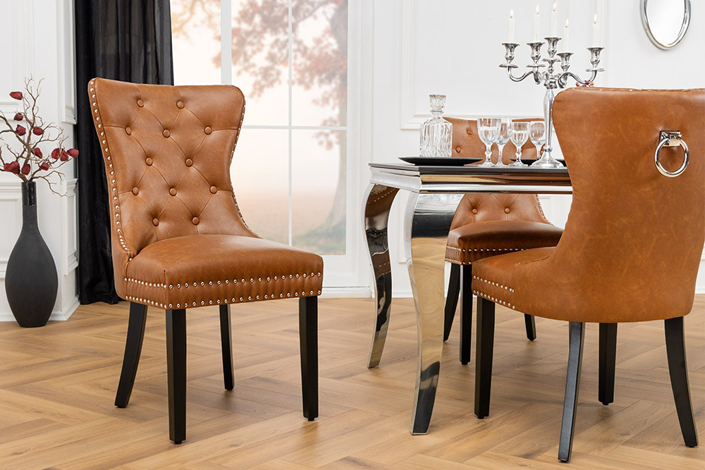 Chesterfield Stuhl CASTLE braun Kunstleder schwarz Massivholz mit Komfortgriff » Jetzt kaufen
