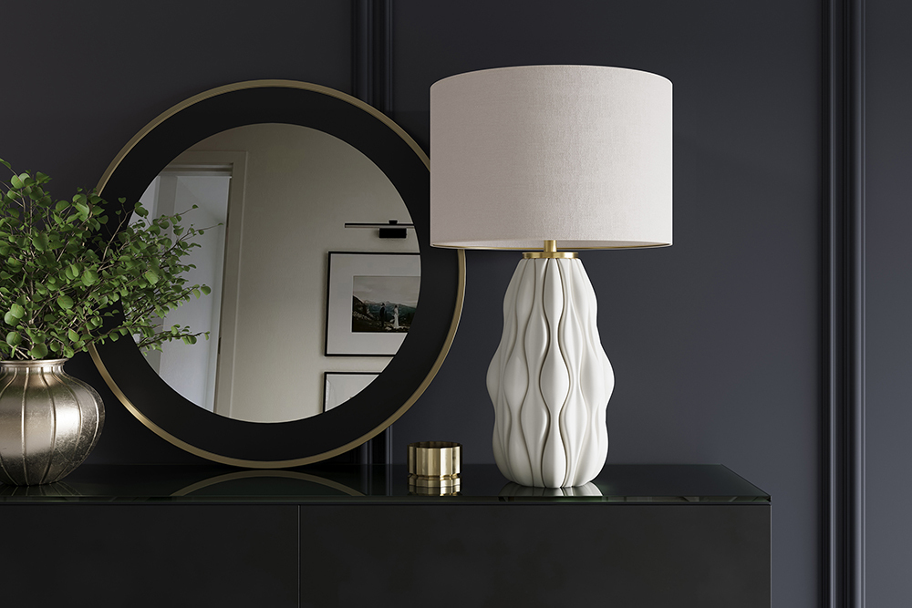 Moderne Tischlampe ELEGANCIA 65cm weiß gold Keramik weißer Leinenschirm