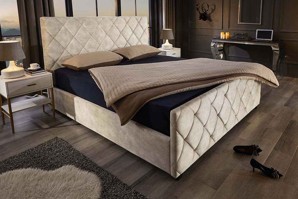 Design Boxbett ELYSIUM 160x200cm champagner beige Samt mit Stauraum und Lattenrost