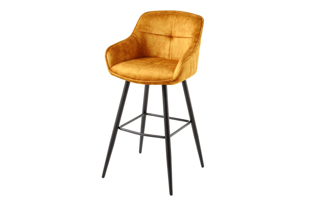 Design Barhocker EUPHORIA senfgelb Samt schwarze Metallbeine Barstuhl mit Lehne