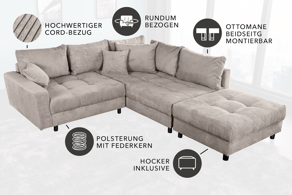 Modernes Ecksofa KENT 220cm greige Cord inkl. Hocker Federkern L-Form Wohnlandschaft