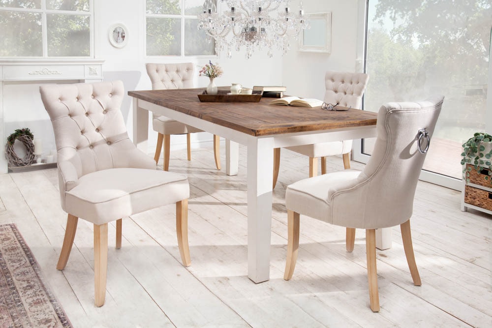 Eleganter Stuhl CASTLE beige Leinenstoff Landhausstil mit Komfortgriff