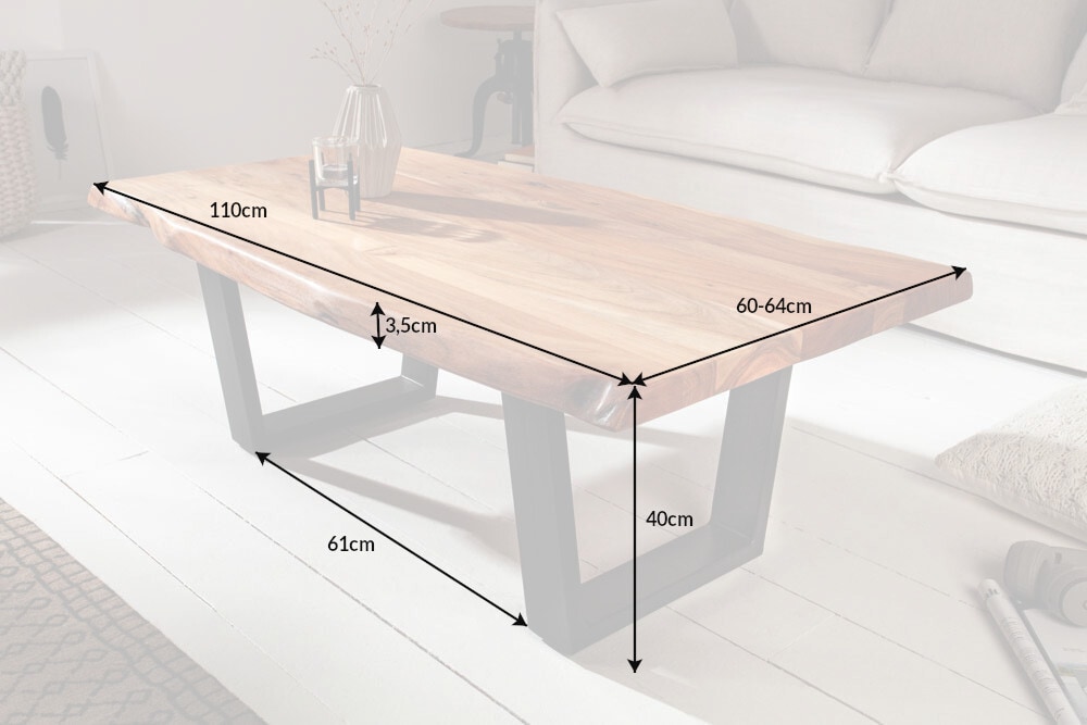 Massivholz Baumstamm Couchtisch MAMMUT 110cm Akazie schwarzes Metallgestell 3,5cm Tischplatte