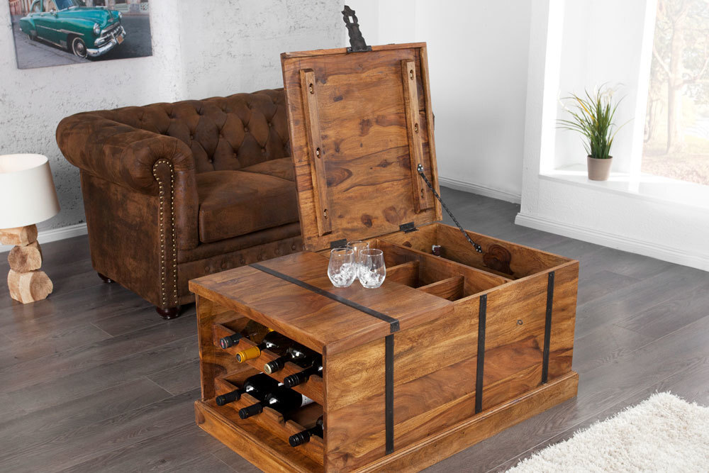 Massivholz Couchtisch BODEGA 100cm braun Sheesham stone finish Truhe Stauraum Weinregal