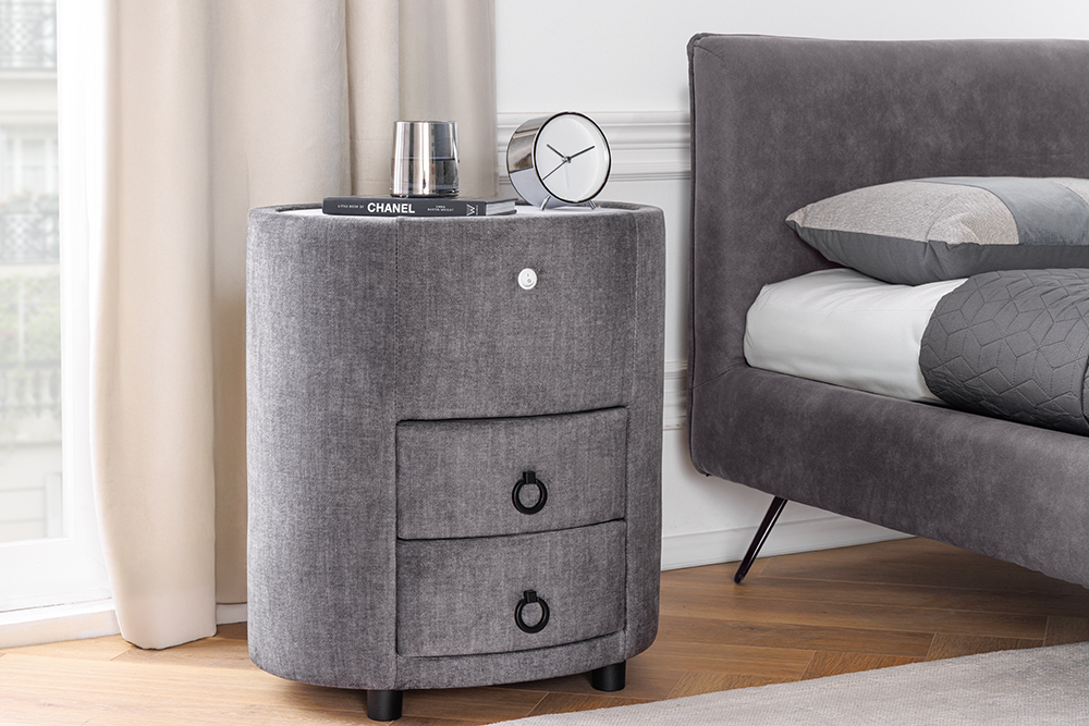 Nachttisch SIGNUM 55cm oval grau Vogue Seiden Samtstoff inkl. Beleuchtung Schubladen