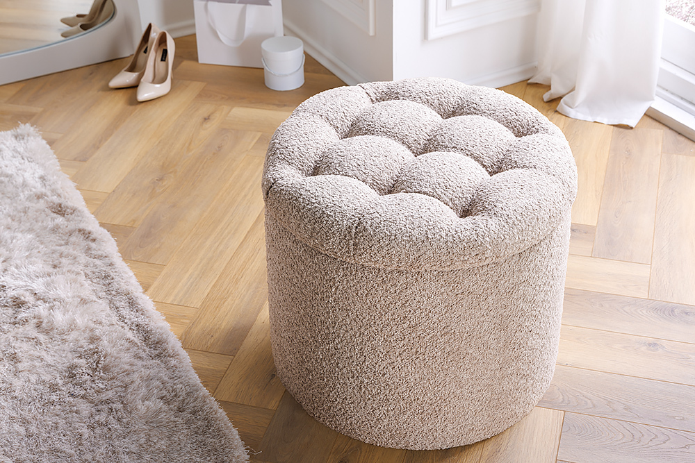 Runder Hocker MODERN BAROCK 50cm champagner Bouclé mit Stauraum » Jetzt kaufen