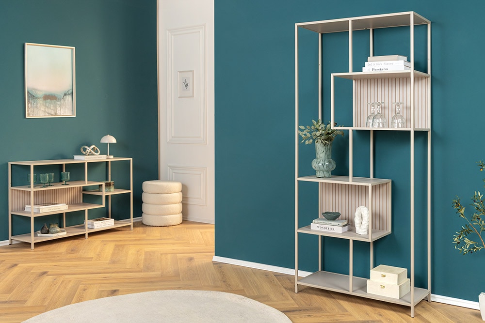 Modernes Bücherregal SLIM LINE 185cm champagner beige Metallgestell sechs Regalböden
