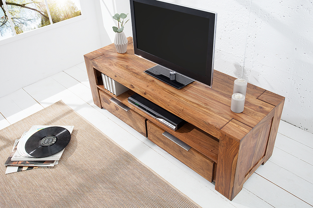 Massives TV-Board MAKASSAR 130cm braun Sheesham stone finish Lowboard zwei Schubladen