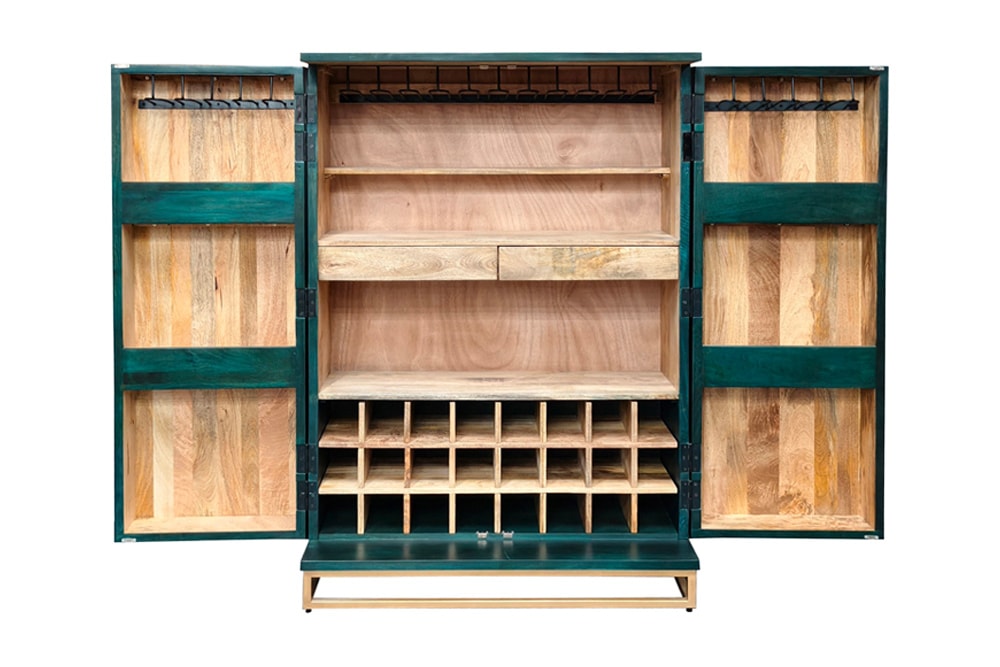 Handgearbeiteter Barschrank GOLDEN SUNSET 140cm türkis Mangoholz massiv