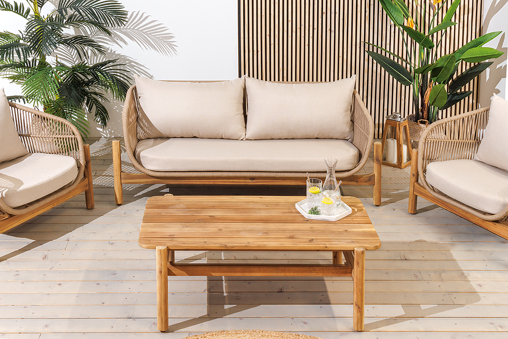 Wetterfestes Gartenlounge Set ROPE natur beige Akazienholz Aluminium inkl. Tisch Sitzpolster