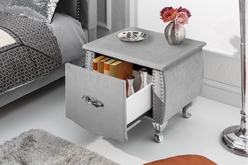 Eleganter Nachttisch EXTRAVAGANCIA 50cm silbergrau Samt Nachtkommode mit Schublade