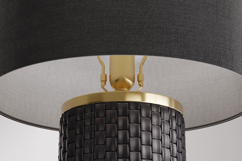 Moderne Tischlampe ELEGANCIA 70cm schwarz gold Keramik rund Stoffschirm