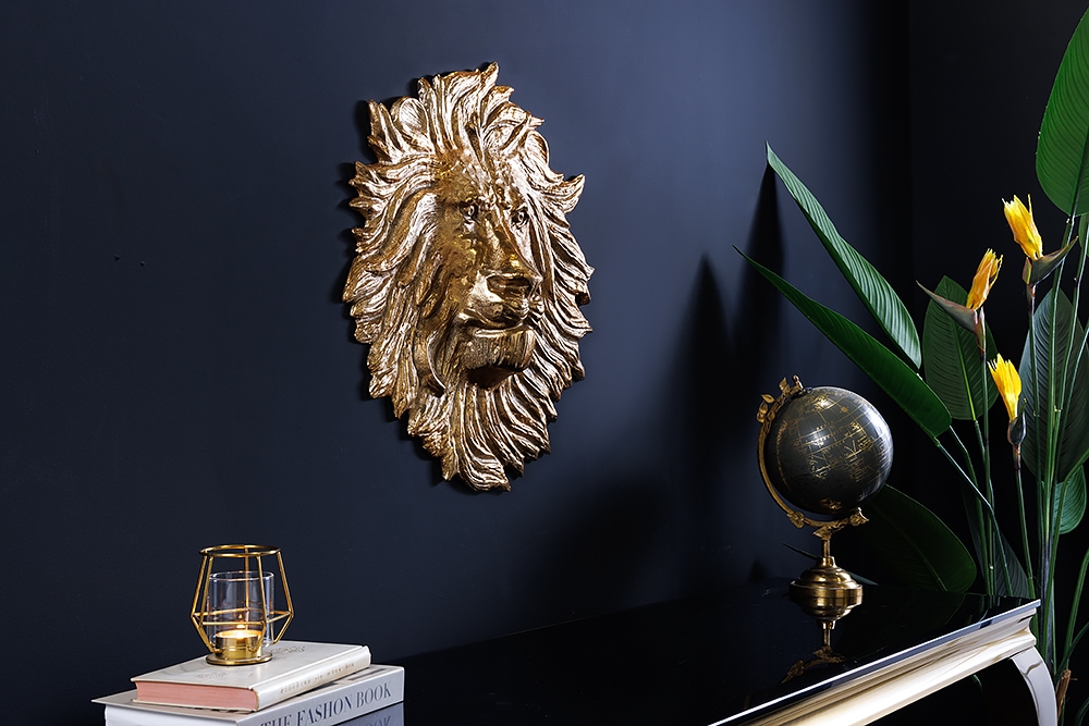 Goldene Wanddeko WILDLIFE LION 35cm gold Metall Löwenkopf-Skulptur handmade