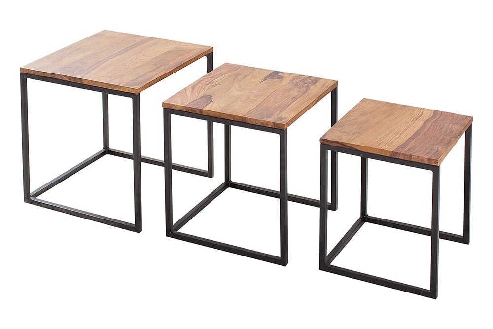 3er Set Beistelltisch ELEMENTS 40cm braun Sheesham Massivholz stone finish Metall