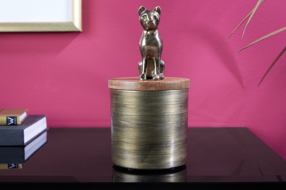 Design Dose PANTHER 20cm gold natur Mangoholz Panther-Figur Metall Dekoration