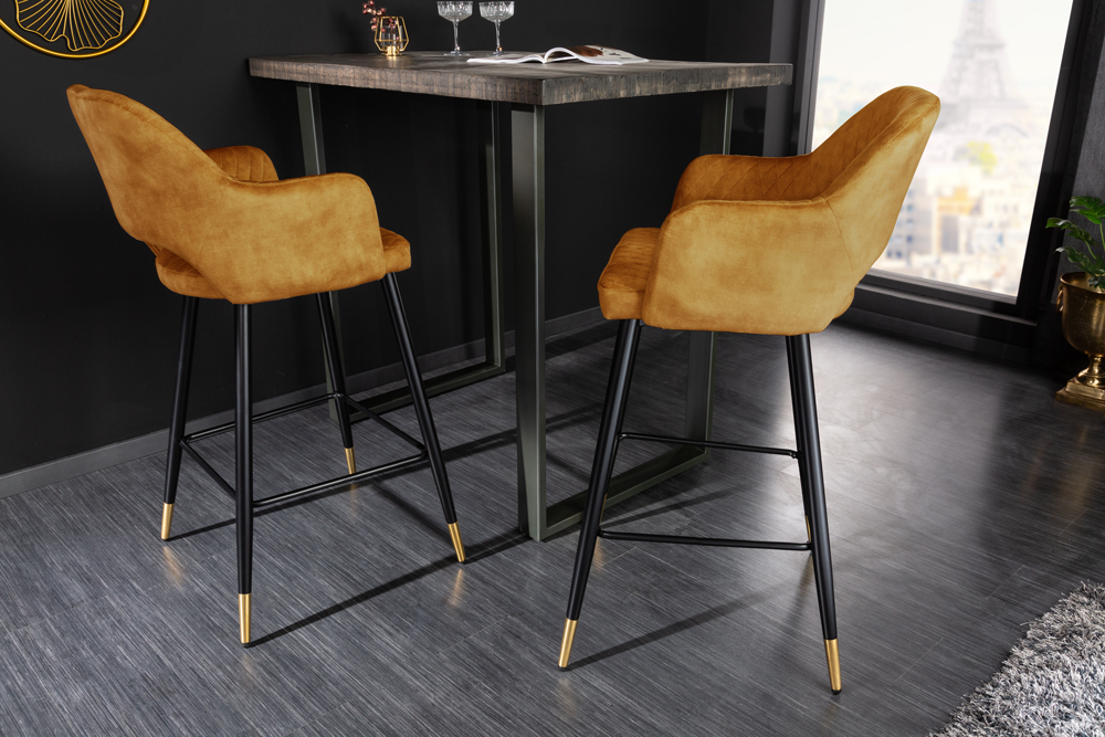 Design Barhocker PARIS senfgelb Samt mit Lehne Metall schwarz gold Ziersteppung Design Barhocker PARIS senfgelb Samt mit Lehne Metall schwarz gold Ziersteppung
