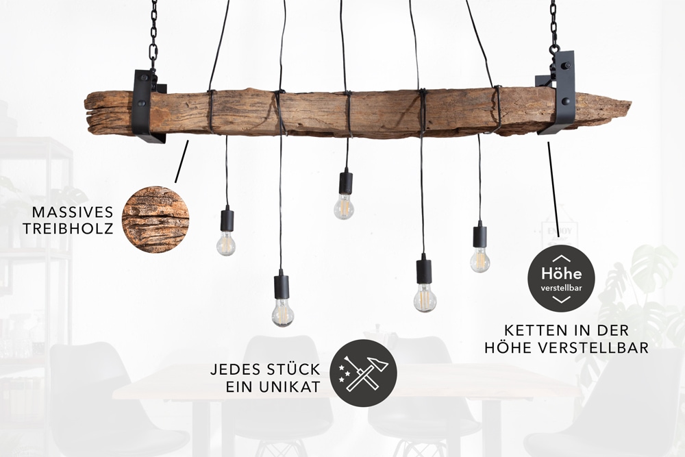 Industrial Hängelampe BARRACUDA 152cm recyceltes Massivholz mit 5 Leuchten