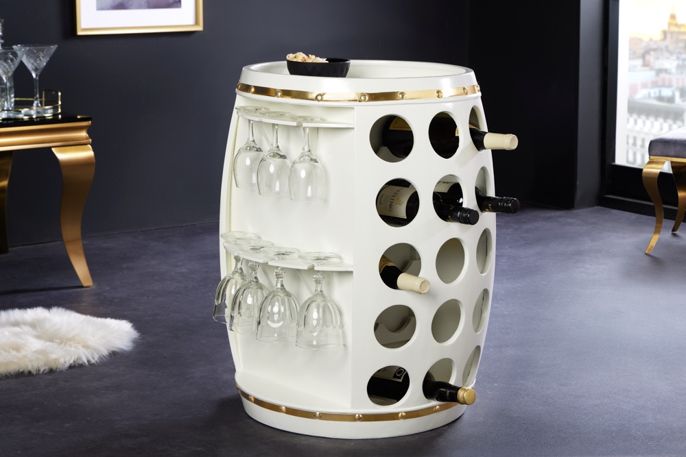 Design Weinfass BODEGA WHITE 70cm weiß gold Pinie Flaschen Gläseraufhängung