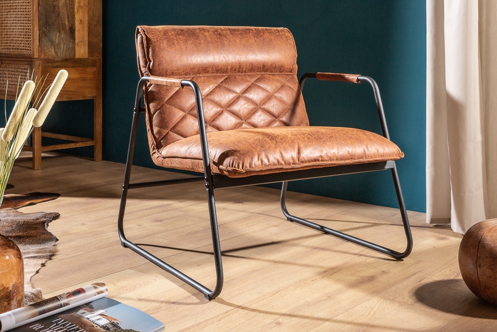 Retro Lounge Sessel MUSTANG LOUNGER antik hellbraun mit Ziersteppung