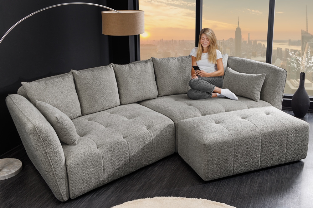 Moderner Hocker ROYAL 120cm grau Bouclé Federkern Sitzhocker Fußhocker