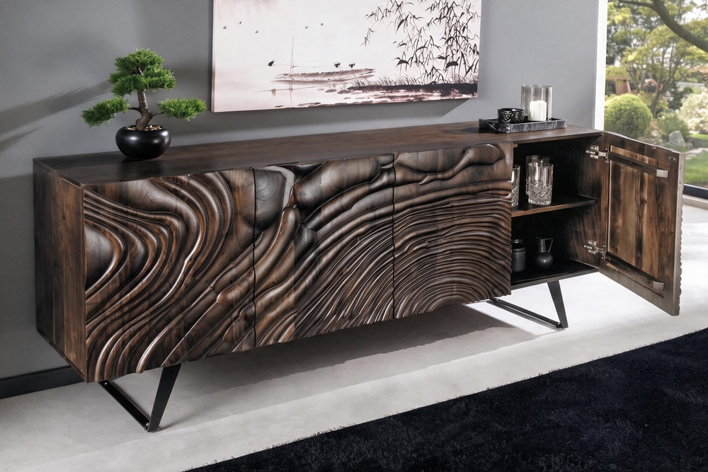 Massives Sideboard FLUID 175cm braun Mangoholz 3D-Design Kufengestell