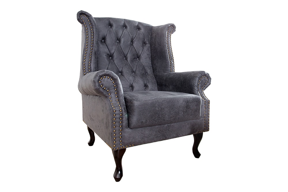 Chesterfield Ohrensessel antik grau Microfaser mit Knopfheftung