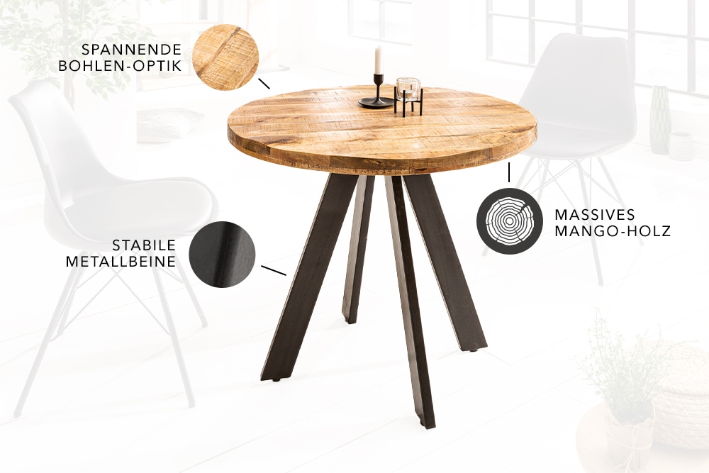 Massiver Esstisch IRON CRAFT 100cm rund natur Mangoholz schwarzes Metallgestell