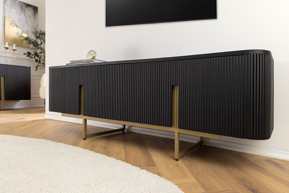 Massives TV-Board GATSBY 160cm schwarz gold Mangoholz Retro Lowboard
